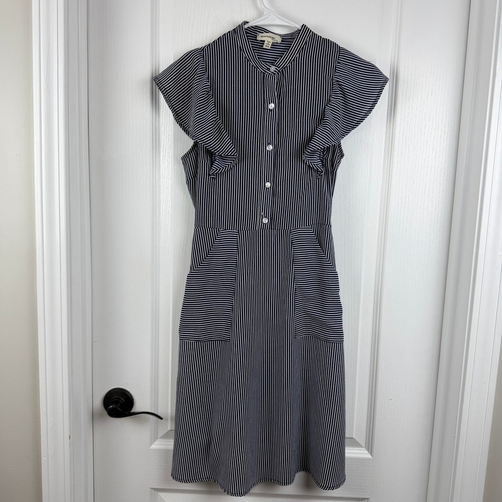 Monteau‎ Los Angeles Striped Ruffle Sleeve Button Down Dress XS Navy White